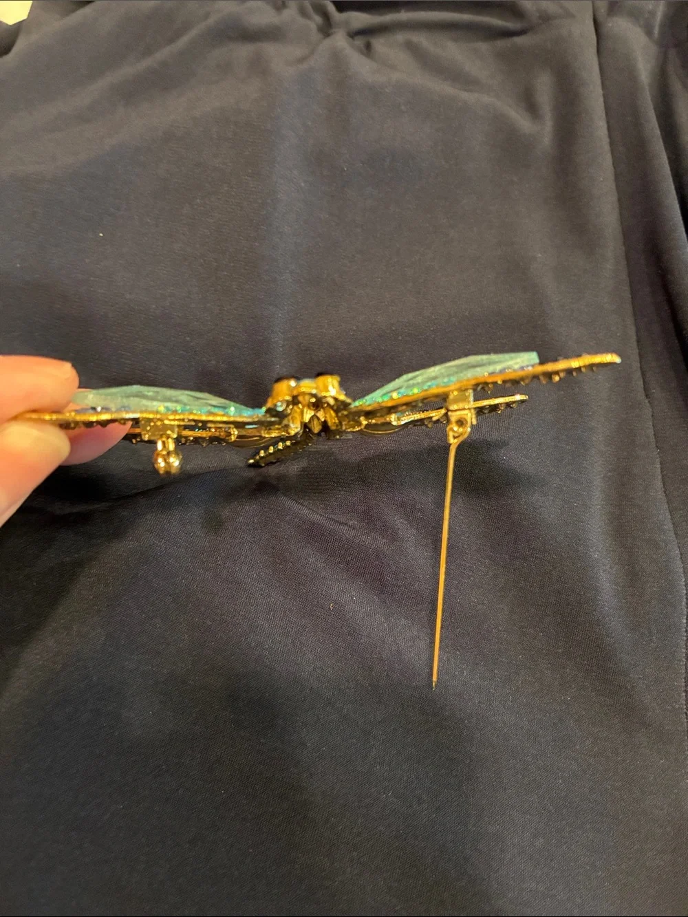 Large Blue Dragonfly Brooch - Rhinestone and Crystal and Gold Tones (ABBA) - Picture 10 of 16